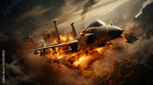 Military combat aircraft fighter flies at high speed and shoots missiles. Air Force. AI generated