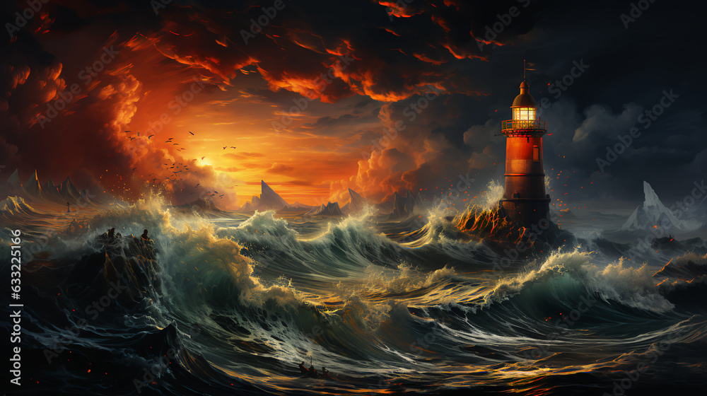 A glowing bright lighthouse on the seashore during a storm at night illuminates the way for ships. AI generated