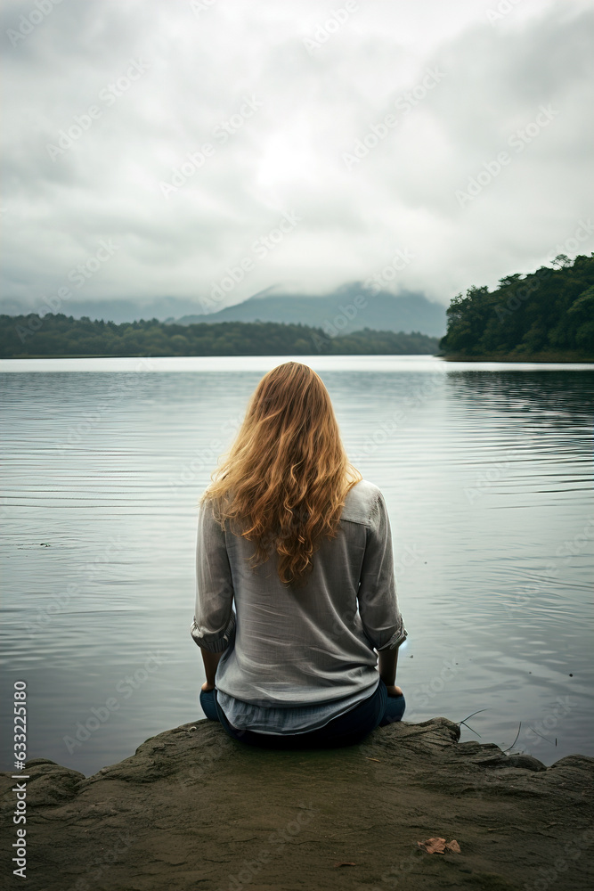 Fototapeta premium A girl with long hair sitting by a lake on a cloudy day