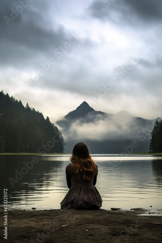 A girl with long hair sitting by a lake on a cloudy day