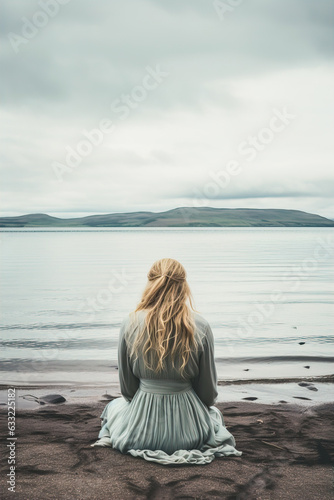 The back of a blonde girl with long hair sitting by a lake on a cloudy day