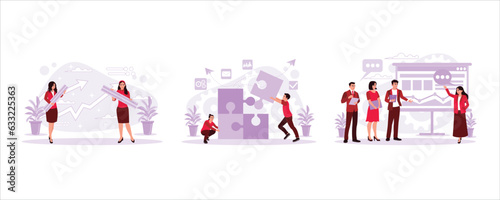 Woman carrying a ruler, Collaboration, two people in business connecting a jigsaw. Change management concept. Set Trend Modern vector flat illustration