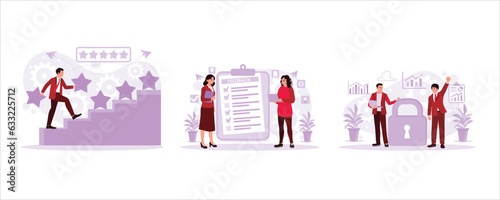 Rating increase or ranking, evaluation for assessment, Successful businessman cheering key background. Key Performance Indicator concept. Set Trend Modern vector flat illustration