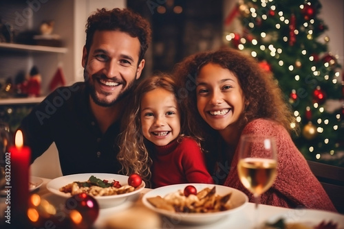 Winter holidays and people concept - happy family at the table celebrating christmas and new year. Home holiday. Blurred background. Selective focus.