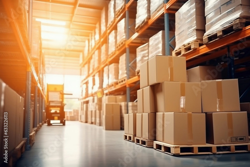 Interior of a modern warehouse. Large space for storing and moving goods. Logistics. Blurred background. The sun's rays fall through the windows into the warehouse.