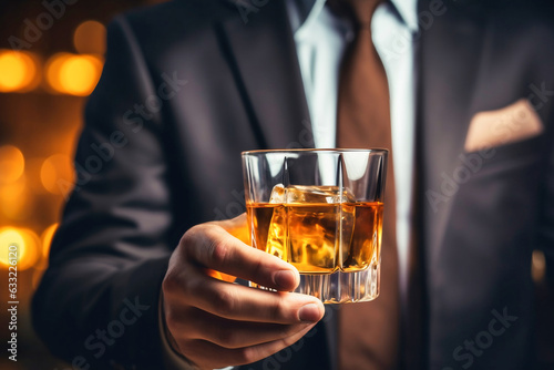 A businessman holds a glass of whiskey with ice in his hands. Close-up. Dark blurred background. Business negotiations with a glass of alcohol.