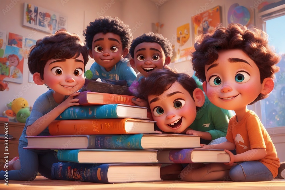 Fototapeta premium Children sitting on a pile of books in a sunny classroom