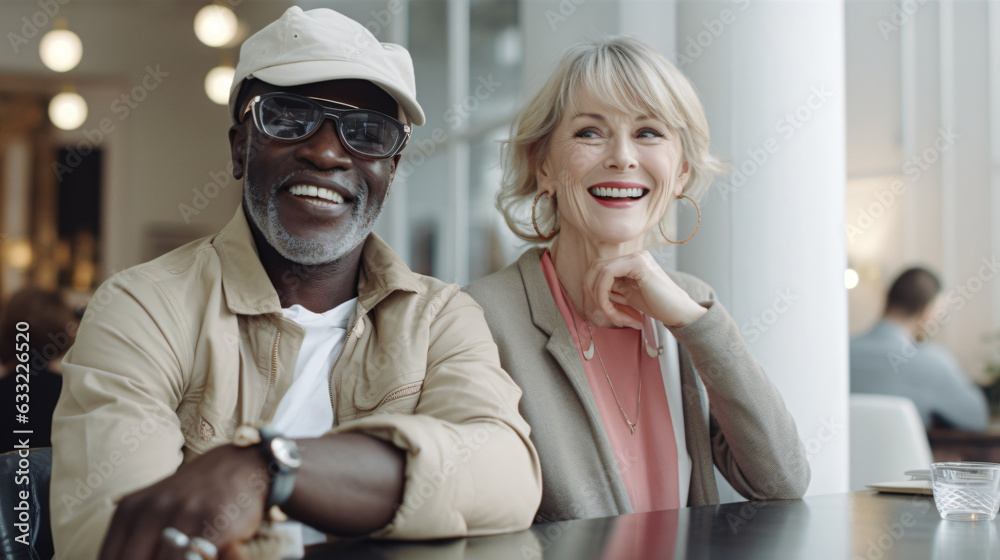 Fototapeta premium elderly coupel of a afro american man and a caucasian woman sitting together in a cafe