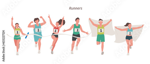 Men's and women's athletes strike a winning pose at the finish line.