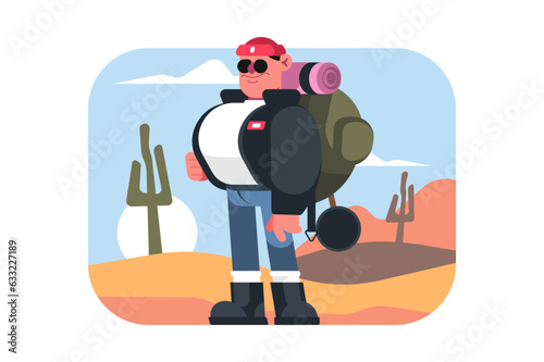 Man with backpack in desert