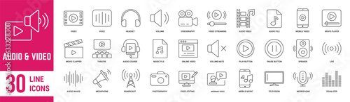 Audio & Video thin line Icons set. Audio, video, sound, media, play, movie, cinema, volume, equalizer and camera. Vector illustrations
