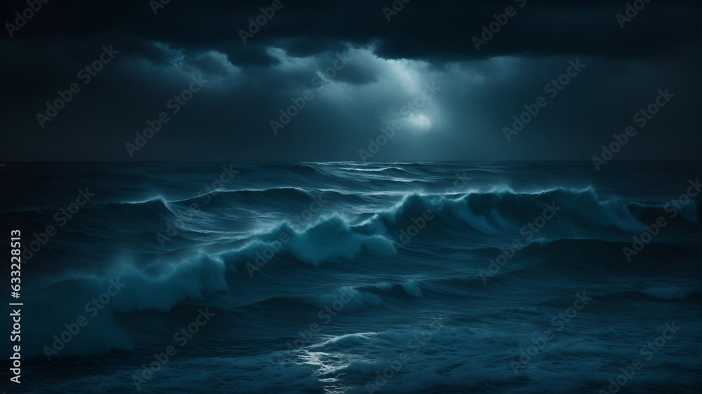 A dark, stormy sea with waves at night in the moonlight.  The AI generation