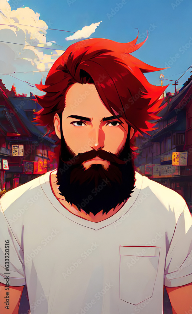 Anime boy with red hair, anime man with beard. Male in anime style