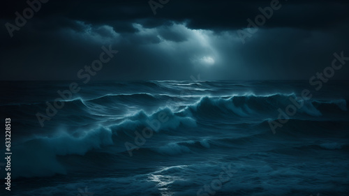 A dark, stormy sea with waves at night in the moonlight. The AI generation