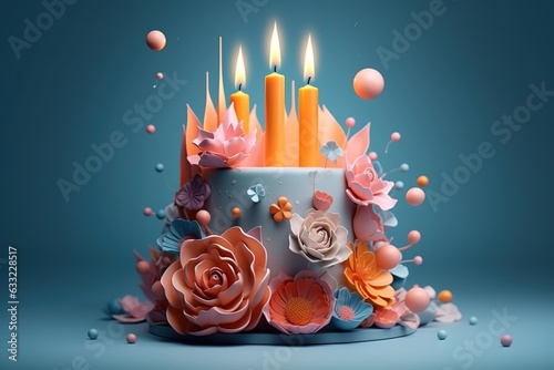 Holiday cake decorated with candles and flowers, birthday cake, AI generation