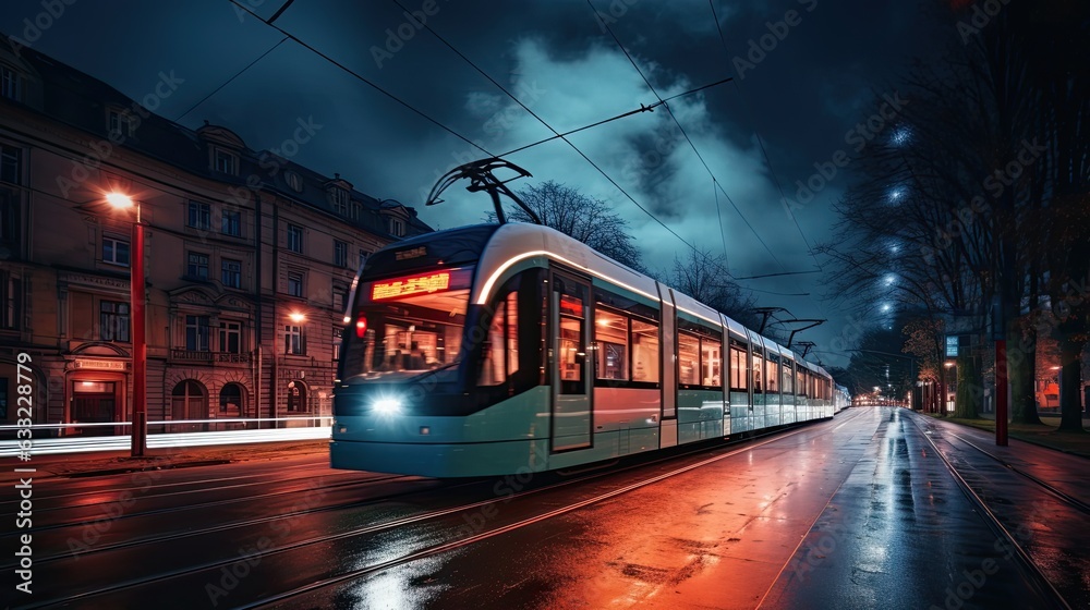 Tram at night in a city with light trails at a stop tram station