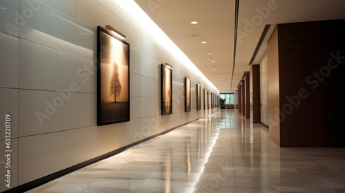 long white empty corridor in interior of entrance hall of modern apartments, office or clinic