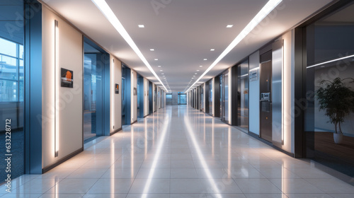 long white empty corridor in interior of entrance hall of modern apartments  office or clinic