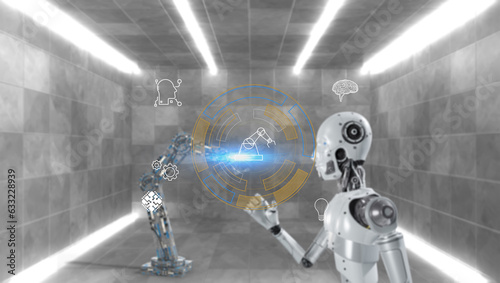 Futuristic robot hand mechanical machine factory mass production technology, artificial intelligence control learning
