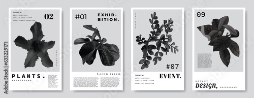 Contemporary black and white halftone plant poster design copy space. Botanical background design concept. Leaf and flower backdrop graphic element. Suitable for event graphic element.