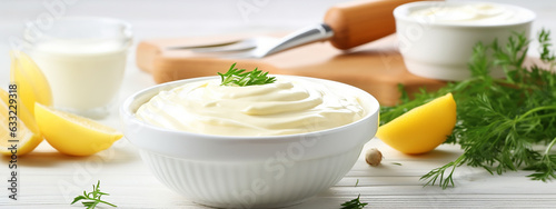 Creamy homemade mayo presented with aromatic herbs and spices.