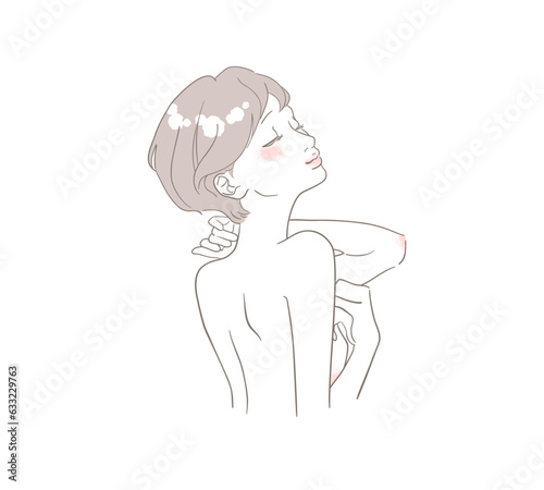 首・肩に手を置きリラックスしている若い女性のイメージイラスト（着衣なし・ショートヘア）