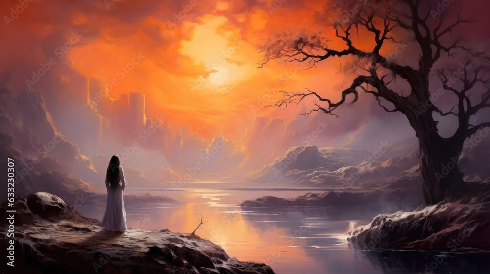 Beautiful Fantasy Artwork Of A Girl And A Twisted Branch Tree In A beautiful-fantasy-artwork-of-a-girl-and-a-twisted-branch-tree-in-a