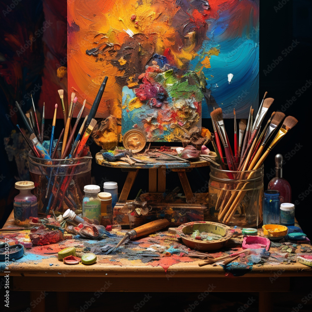 palette with brushes and paints