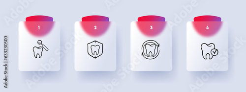 Dental treatment line icon. Caries, enamel, dentist, veneers, bleaching, inflamed roots. Glassmorphism style. Vector line icon for Business