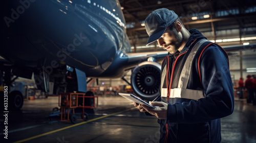 aviation industry 4.0. Manager Technical Industrial Engineer working and control robotics with monitoring system software and icon industry network connection on tablet. AI, Artificial Intelligence