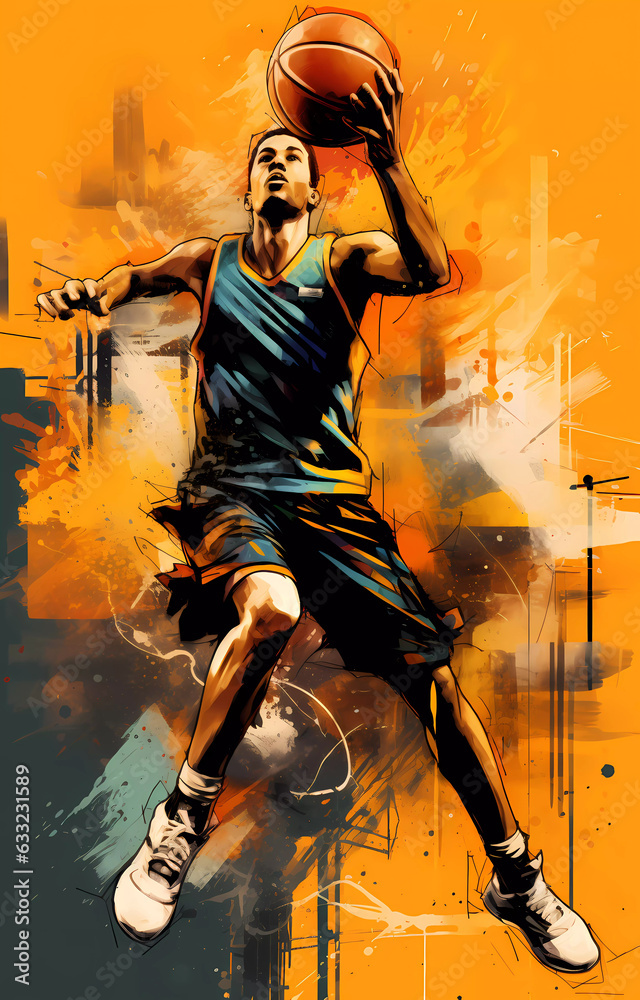 Fototapeta premium A basketball player dressed in a T-shirt and shorts throws the ball, graffiti style image.