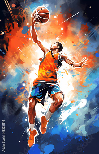 A basketball player dressed in a T-shirt and shorts throws the ball, graffiti style image. © ArturSniezhyn