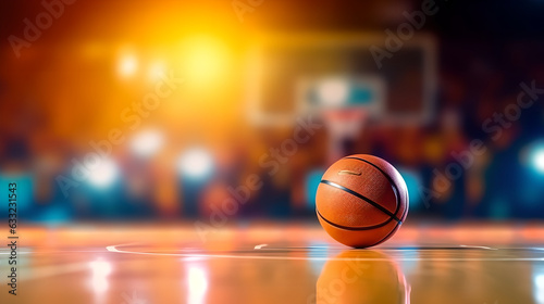 Close up basketball on wooden court floor with blurred arena in background. Basketball ball placed on court floor