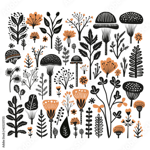 Set with hand drawn linocut wild flowers, trees, leaves and mushrooms. Isolated on white background vector illustration