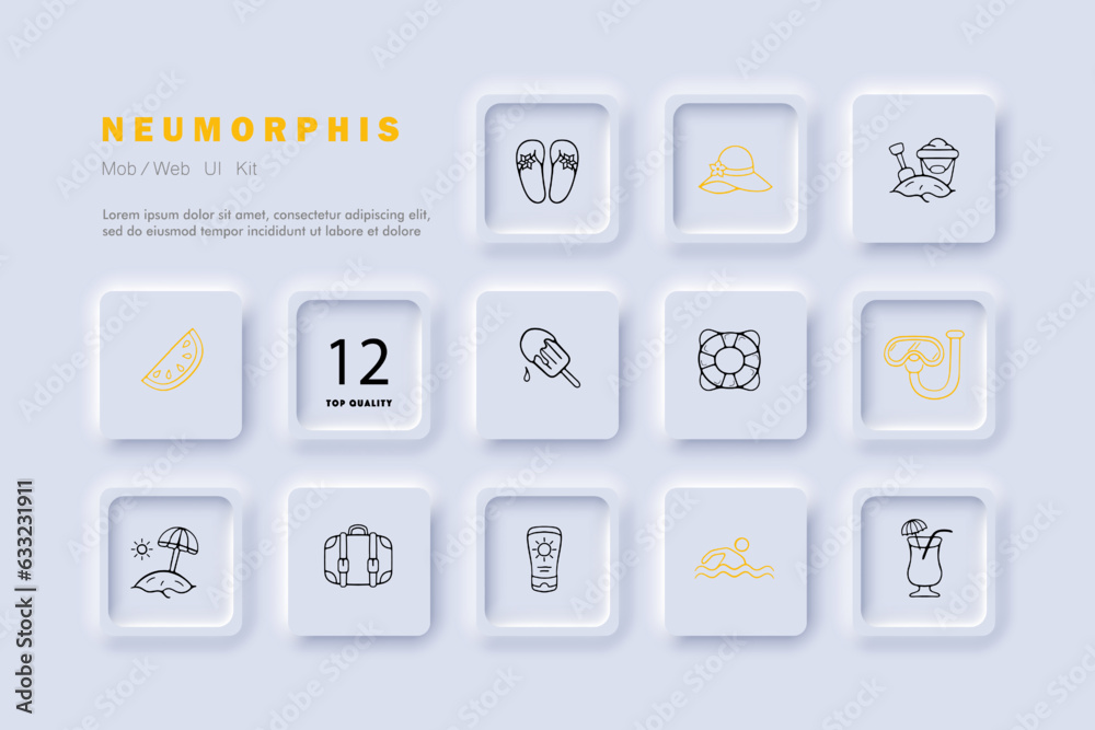 Summer vacation line icon. Sun, shorts, deck chair, umbrella, tan, weekend, tourism. Neomorphism style. Vector line icon for Business Summer vacation line icon. Sun, shorts, deck chair, umbrella, tan, weekend, tourism. Neomorphism style. Vector line icon for Business