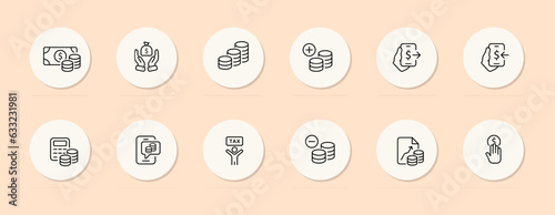 Money line icon. Coins, graph, internet payment, smartphone, taxes, credit card. Pastel color background. Vector line icon for business