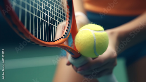 Close up sportive woman holding her tennis racket and hitting tennis ball