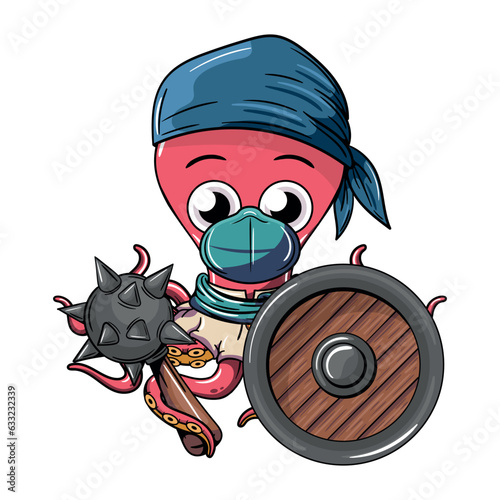 Cartoon character rebel cyborg octopus with war mace and a shield. Illustration for fantasy, science fiction and adventure comics