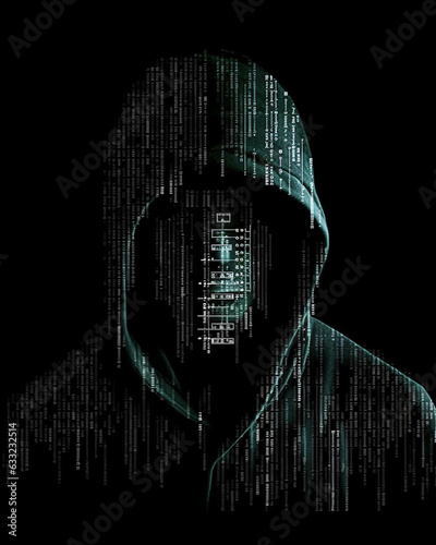 Computer hacker in hoodie over abstract binary ascii background photo