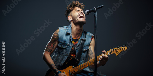 Music Expression: Rock Singer with Electric Guitar and Mic