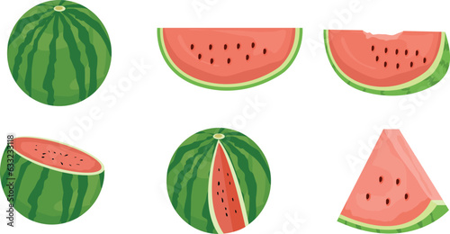 Cartoon fresh green open watermelon half, slices and triangles. Red watermelon piece with bite. Sliced cocktail water melon fruit vector set. 