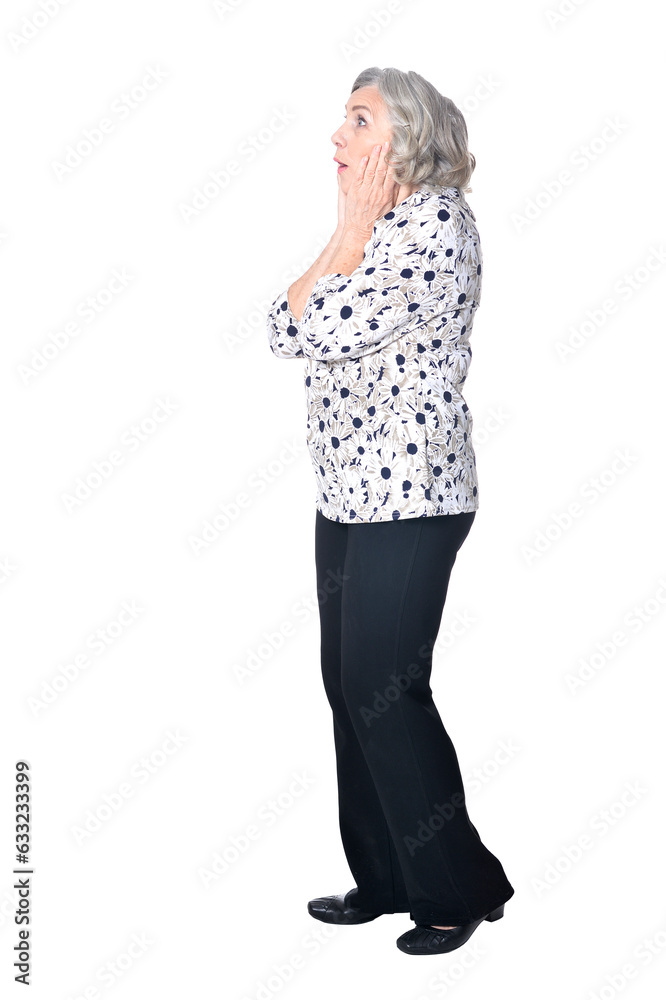full length, happy senior woman posing isolated on white background full length, happy senior woman posing isolated on white background