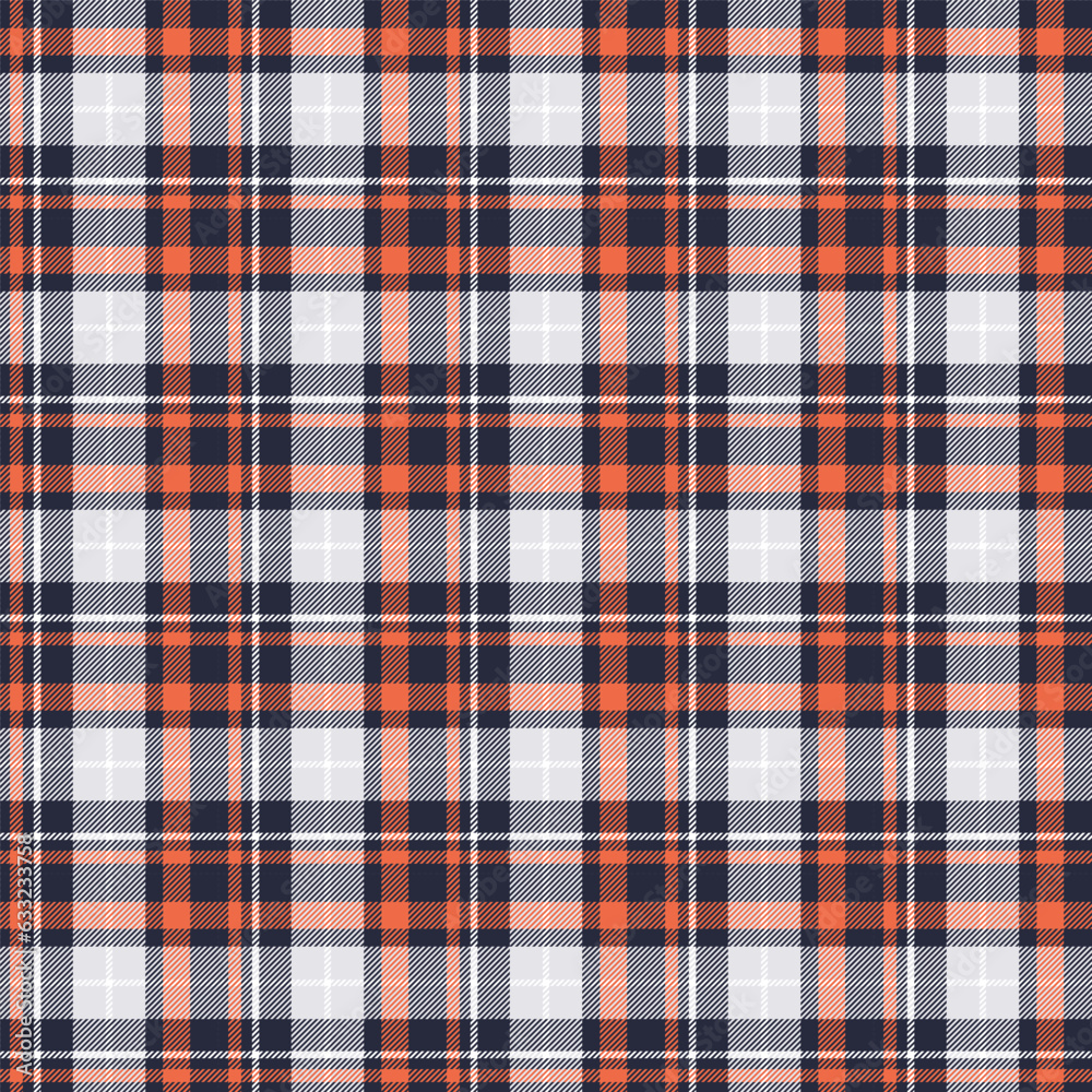 Seamless plaid and checkered patterns in dark blue white and orange for textile design. Tartan plaid pattern graphic background for a fabric print. Vector design.