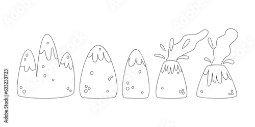 Hand drawn linear vector illustrations of mountains and volcano
