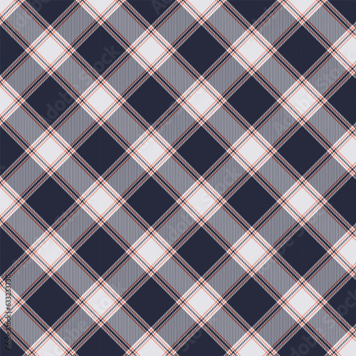 Seamless diagonal plaid and checkered patterns in dark blue white and orange for textile design. Tartan plaid pattern graphic background for a fabric print. Vector design.