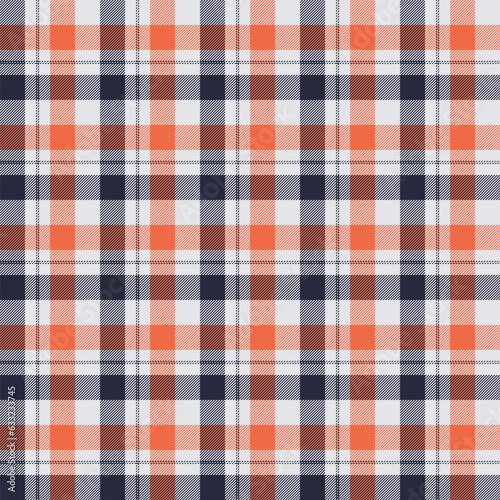 Seamless plaid and checkered patterns in dark blue white and orange for textile design. Tartan plaid pattern graphic background for a fabric print. Vector design.