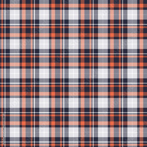 Seamless plaid and checkered patterns in dark blue white and orange for textile design. Tartan plaid pattern graphic background for a fabric print. Vector design.