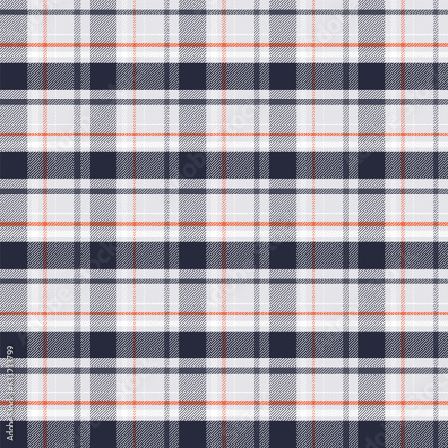Seamless plaid and checkered patterns in dark blue white and orange for textile design. Tartan plaid pattern graphic background for a fabric print. Vector design.