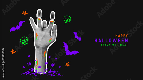 Happy Halloween holiday background. Halftone zombie hand sticks out from ground or grave. Trendy vector illustration in collage style for Halloween events with doodles.