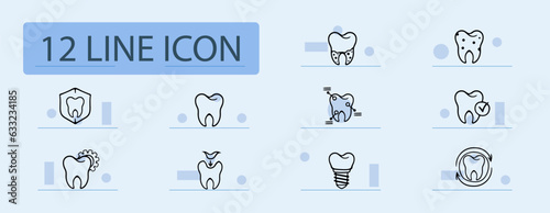 Dental treatment line icon. Caries, enamel, dentist, veneers, bleaching, inflamed roots. Pastel color background. Vector line icon for business